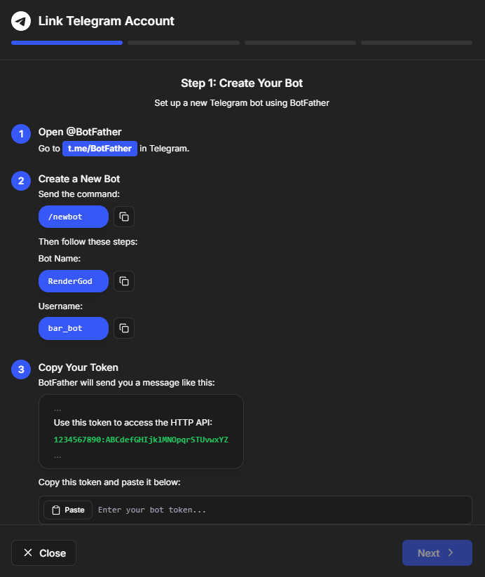 Link Telegram Account Window
