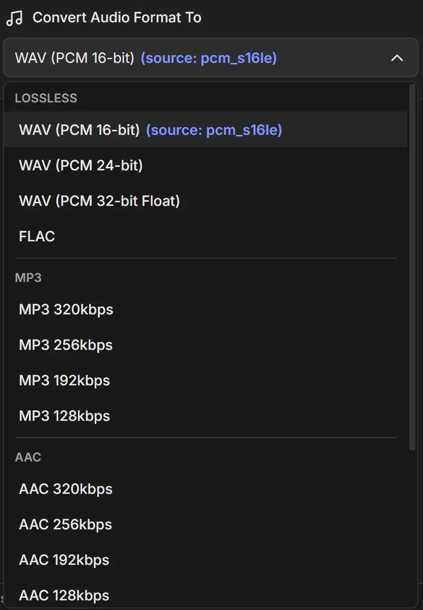 Audio format list grouped into Lossless, MP3 and AAC, with WAV (PCM 16-bit) marked as the source format