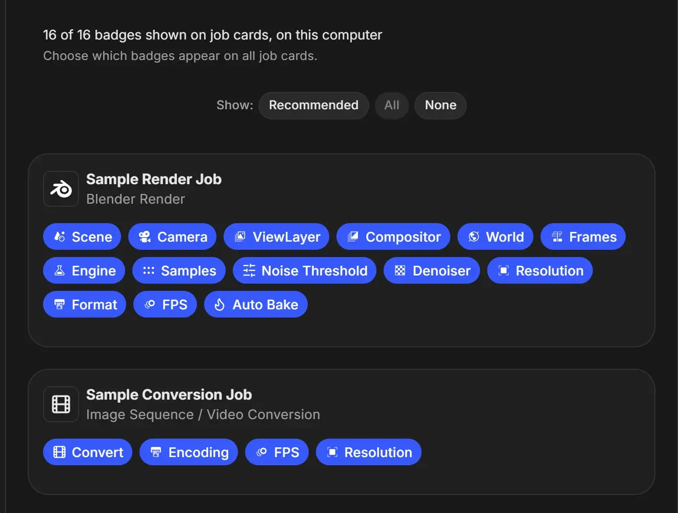 Badge Display settings with All applied, reading 16 of 16 badges shown, and every badge on the Sample Render Job and Sample Conversion Job cards highlighted in blue
