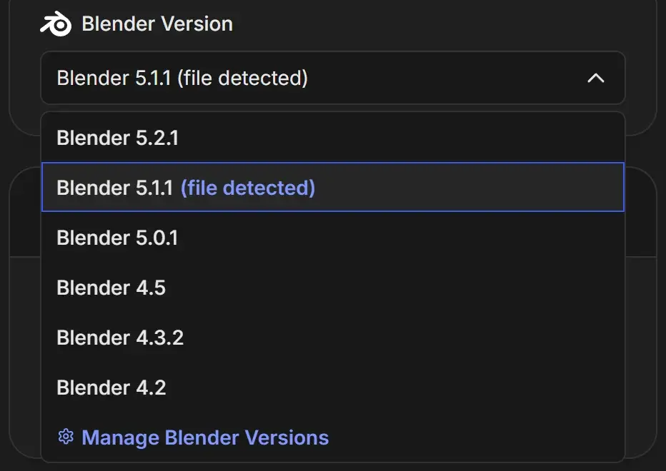 Blender Version dropdown open with Blender 5.2.1, Blender 5.1.1 (file detected), 5.0.1, 4.5, 4.3.2, 4.2 and Manage Blender Versions