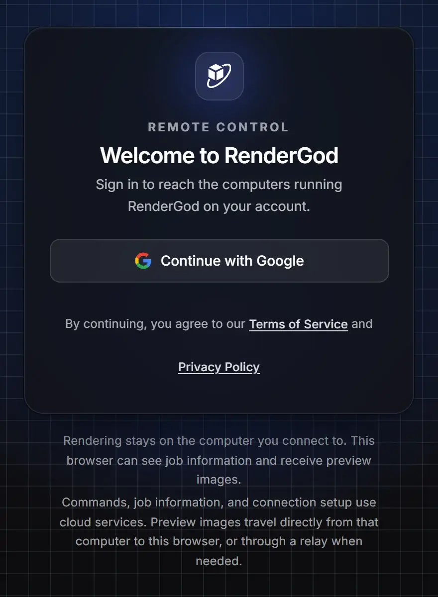 Browser sign-in page Welcome to RenderGod with the Continue with Google button, links to the Terms of Service and Privacy Policy, and notes that rendering stays on the computer you connect to