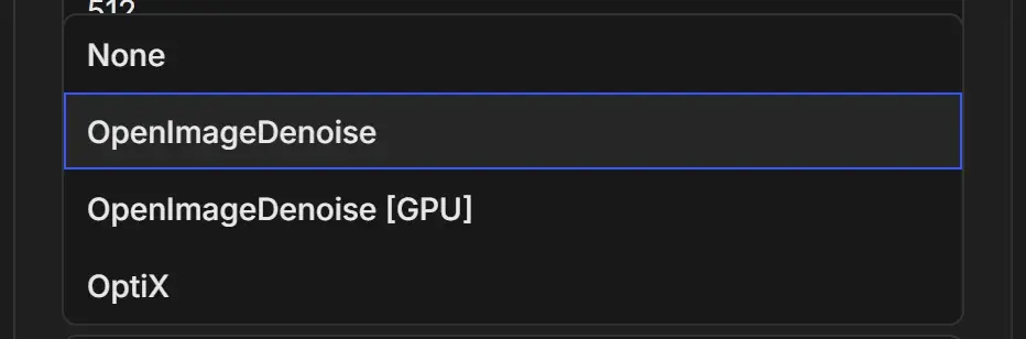 Denoiser dropdown open with None, OpenImageDenoise (selected), OpenImageDenoise [GPU] and OptiX