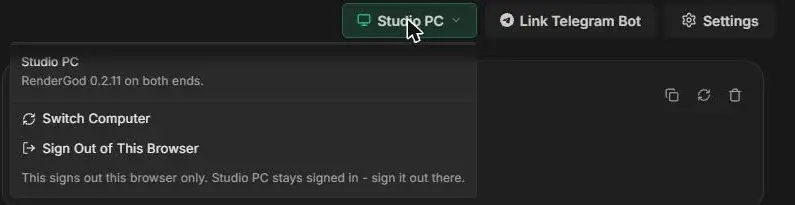 Studio PC menu in the browser header showing RenderGod 0.2.11 on both ends, Switch Computer and Sign Out of This Browser