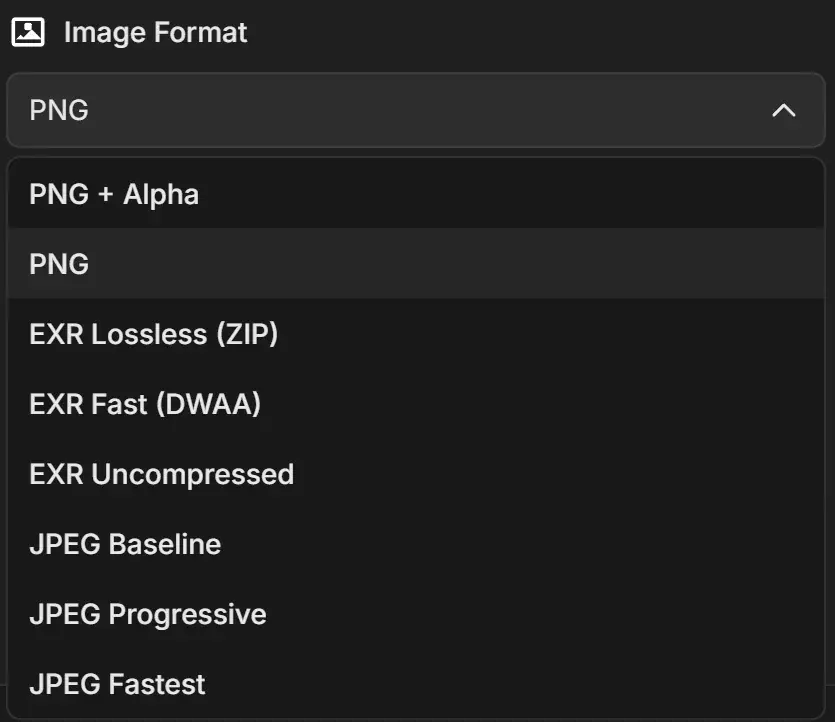Image Format list open with PNG + Alpha, PNG, EXR Lossless (ZIP), EXR Fast (DWAA), EXR Uncompressed, JPEG Baseline, JPEG Progressive and JPEG Fastest