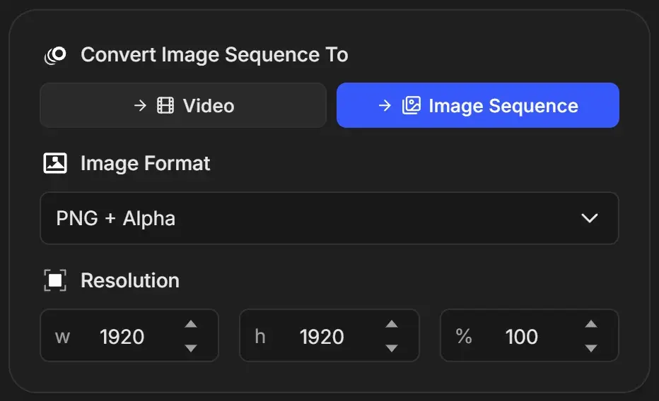 Image sequence job with Image Sequence selected under Convert Image Sequence To and Image Format set to PNG + Alpha