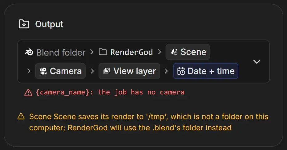 Output card showing a red warning that the job has no camera for the camera name folder and an amber warning that the scene saves its render to /tmp, which is not a folder on this computer, so RenderGod will use the .blend's folder instead