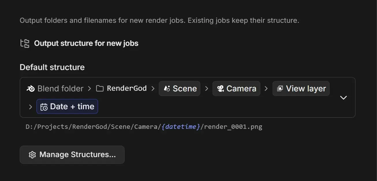 Output Templates settings with the default template Blend folder, RenderGod, Scene, Camera, View layer, Date + time, an example path ending in render_0001.png below it, and the Manage Templates button