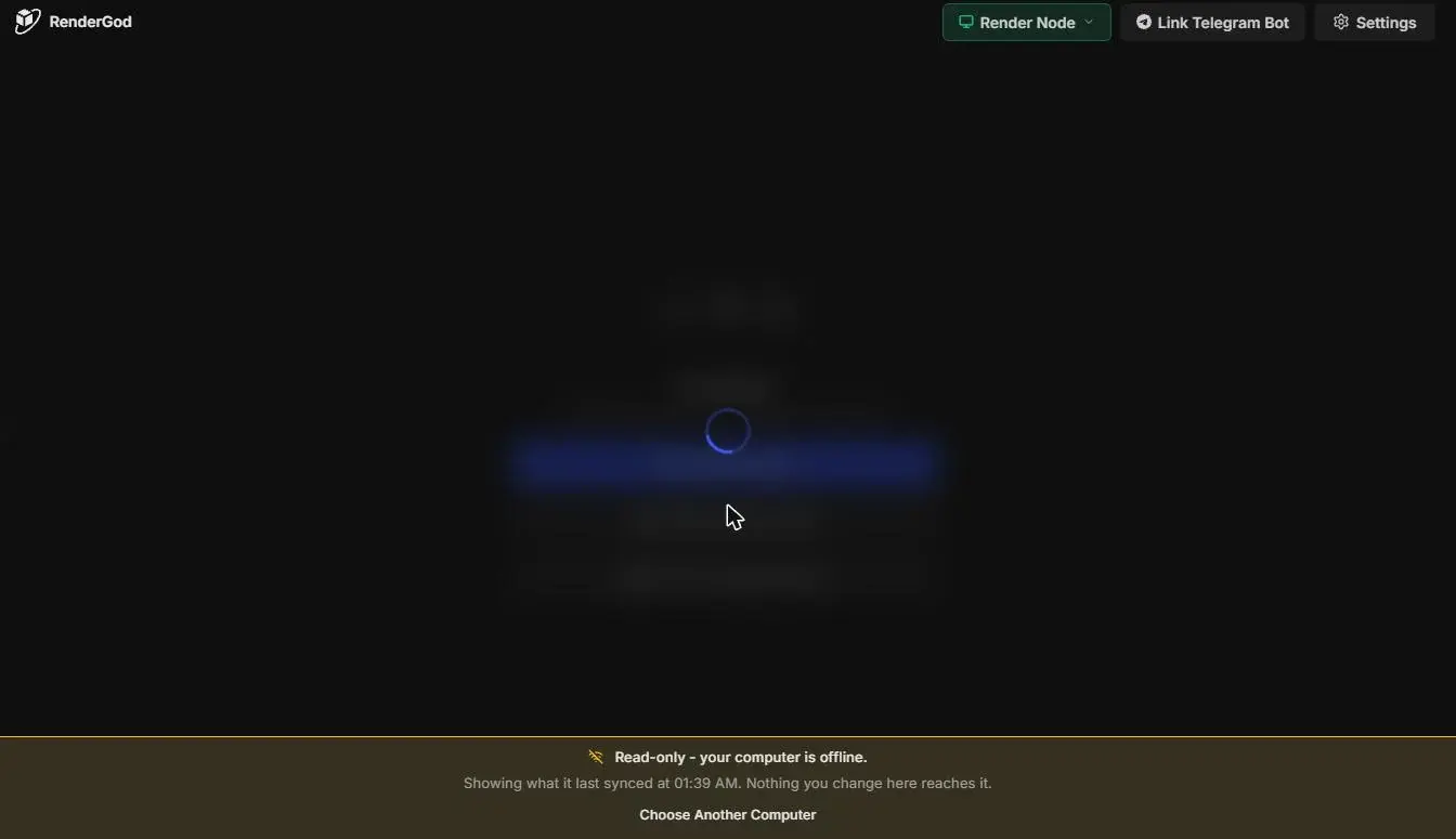 Browser connected to the offline computer Render Node, with the strip Read-only - your computer is offline, the last synced time and Choose Another Computer