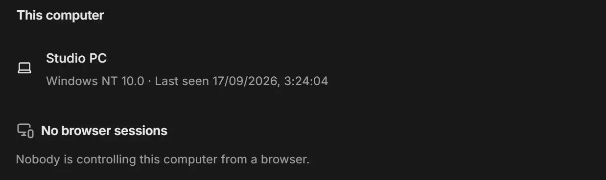 Remote Control settings showing This computer, Studio PC on Windows, and the sessions group reading No browser sessions, Nobody is controlling this computer from a browser