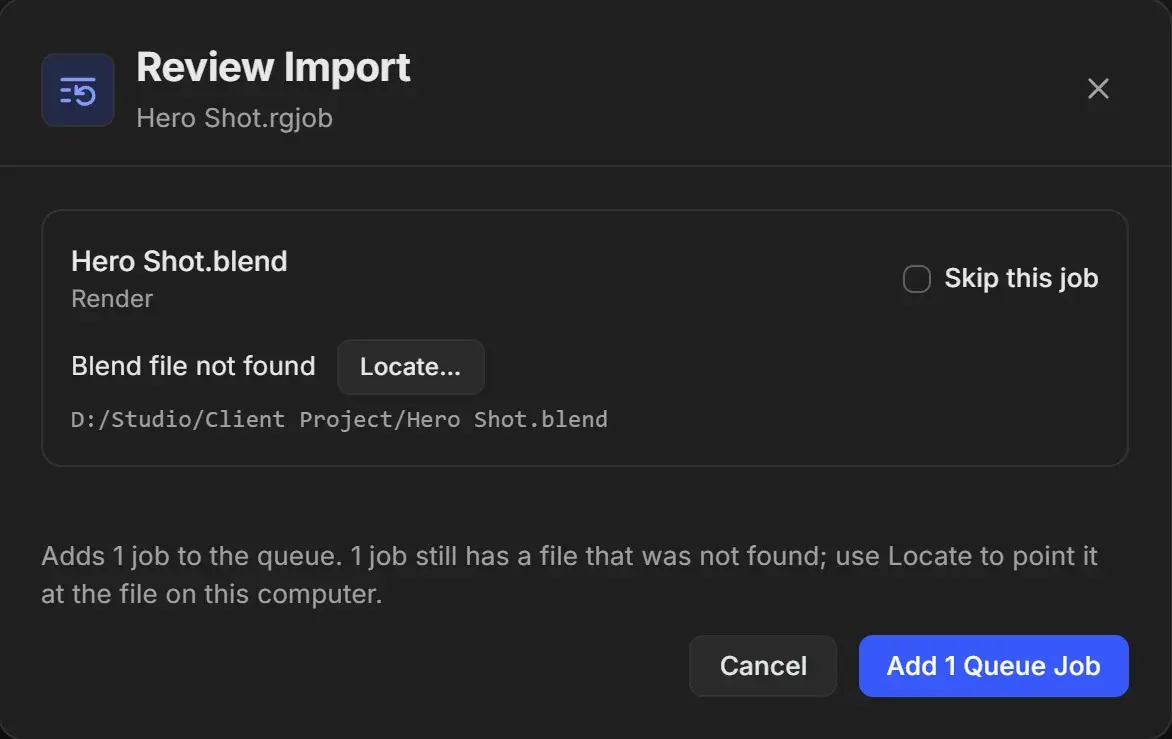 Review Import window for Hero Shot.rgjob with the job Hero Shot.blend, Skip this job, Blend file not found with a Locate... button and the original path, and the Add 1 Queue Job button