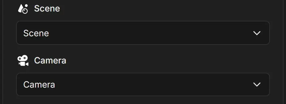 Scene and Camera dropdowns in the render settings panel, with Camera set to the camera named Camera