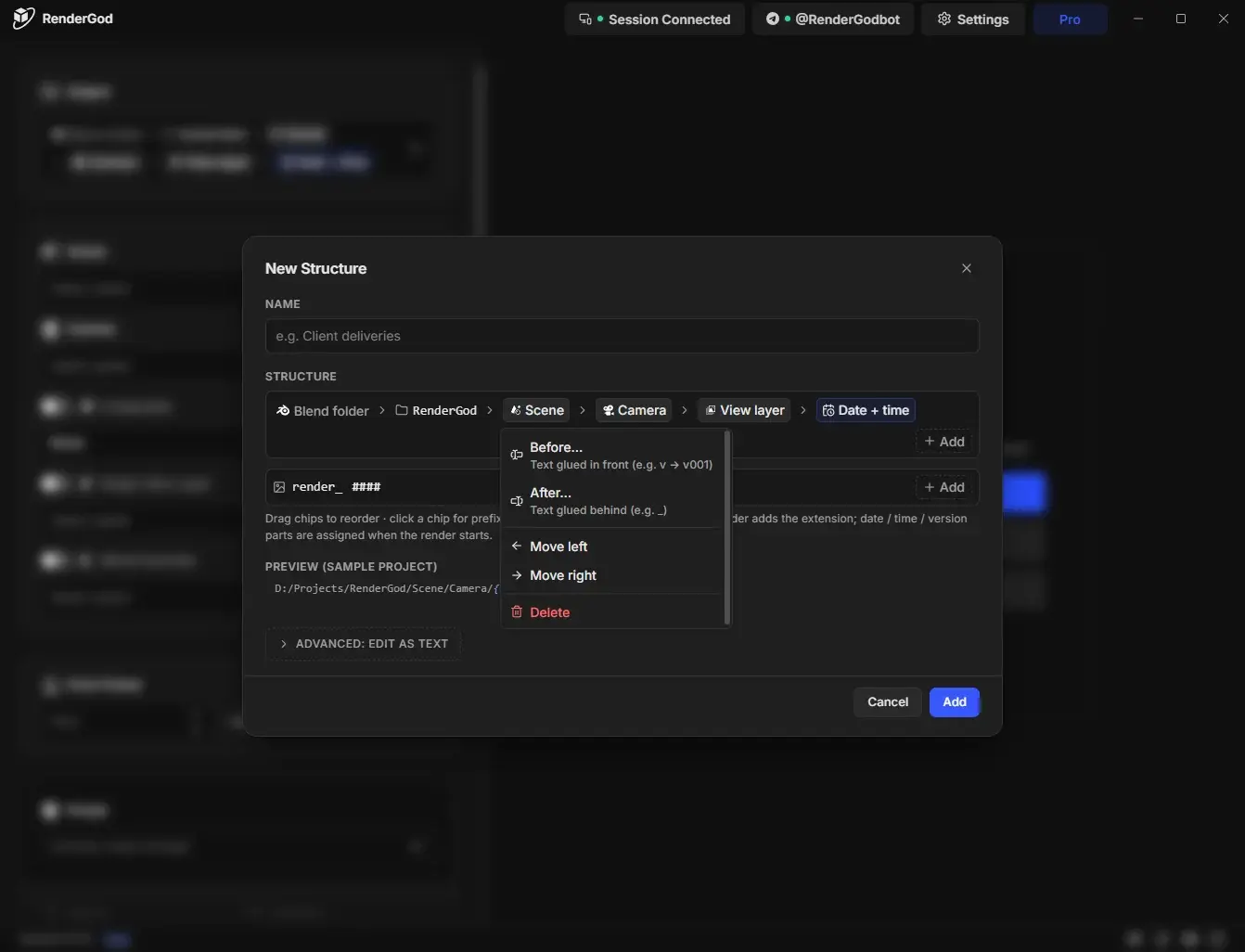New Template dialog with the View layer chip menu open, showing prefix, replace, move left, move right and delete actions
