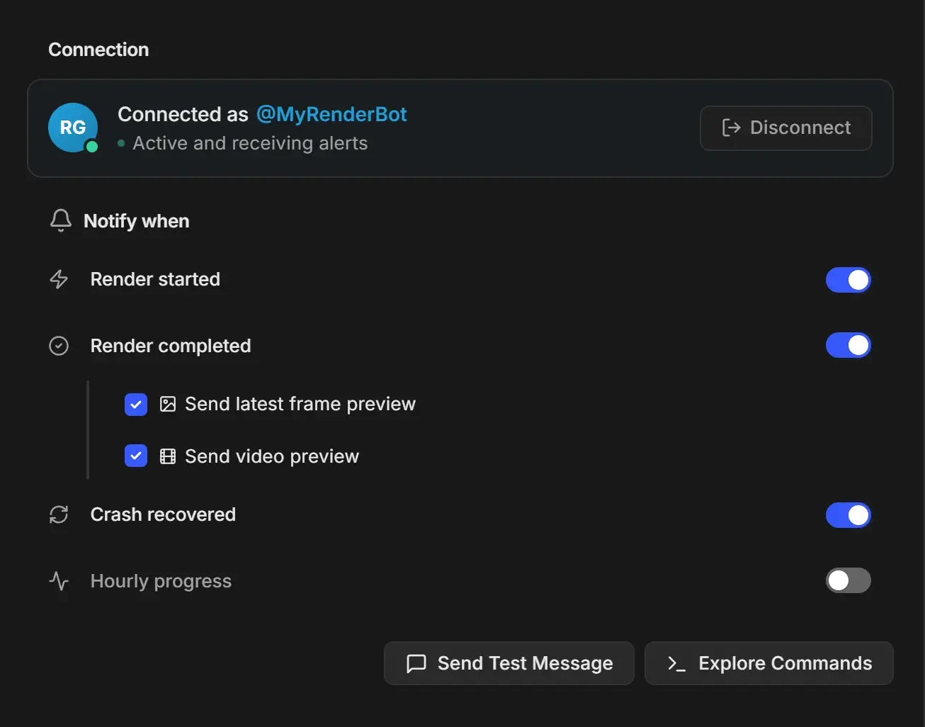 Telegram Bot settings connected as @MyRenderBot, Active and receiving alerts, with Render started, Render completed, Send latest frame preview, Send video preview and Crash recovered on, Hourly progress off, and Send Test Message and Explore Commands buttons