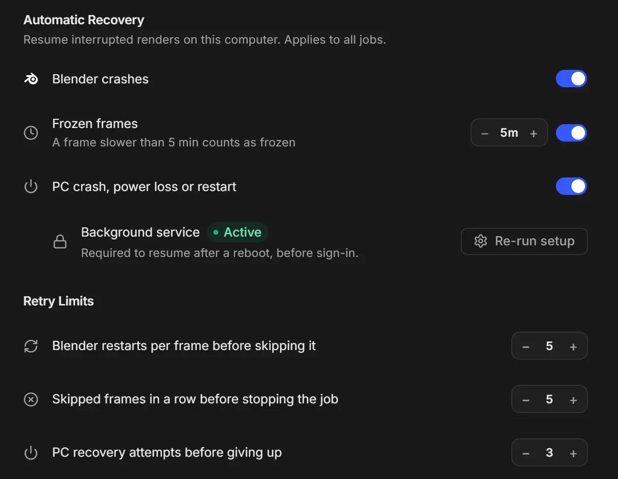 UnCrash Render Recovery settings with Blender crashes, Frozen frames at 5m and PC crash, power loss or restart turned on, the Background service showing Active, and Retry Limits set to 5, 5 and 3