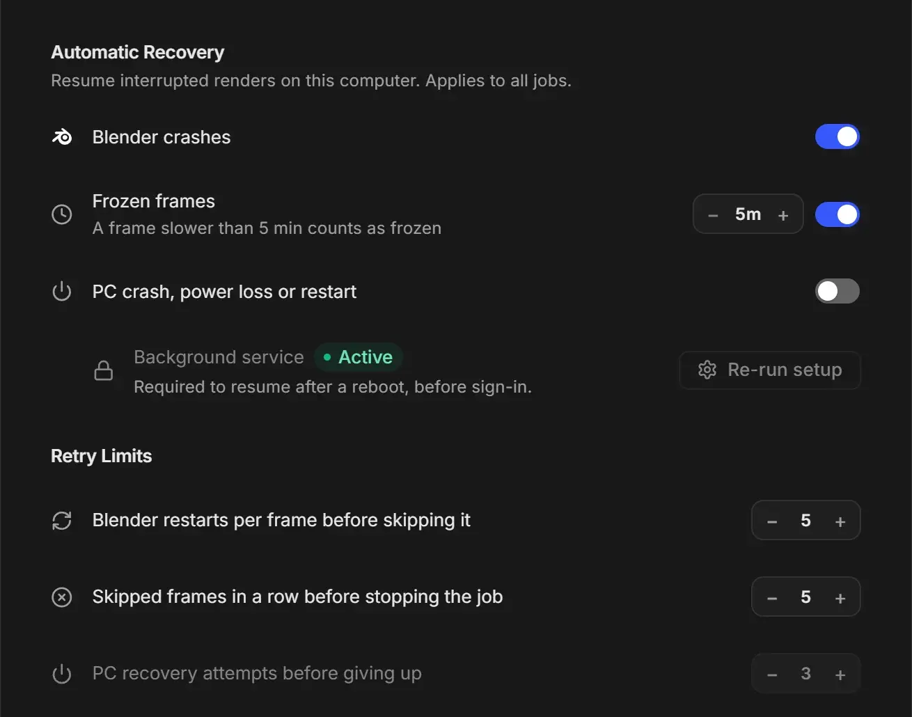 UnCrash Render Recovery settings on Windows with Blender crashes and Frozen frames switched on (5 minute limit), PC crash, power loss or restart, the Background service row showing Active with Re-run setup, and Retry Limits set to 5, 5 and 3
