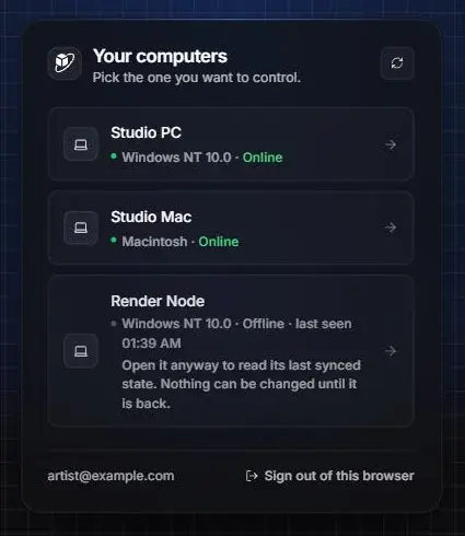 Your computers list with Studio PC and Studio Mac marked Online and Render Node marked Offline, last seen 01:39 AM, with Sign out of this browser at the bottom