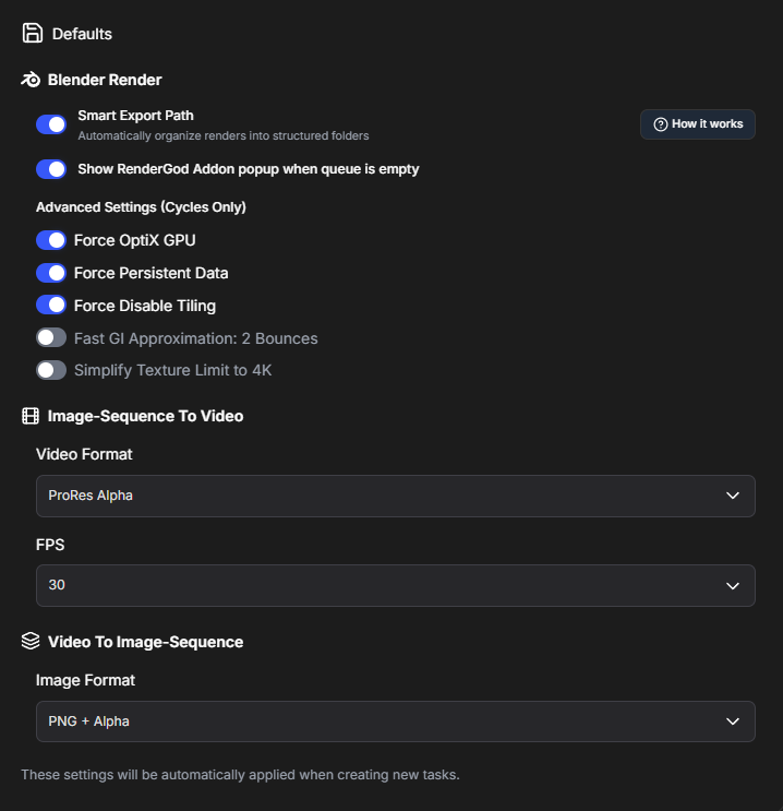 Default Settings Interface