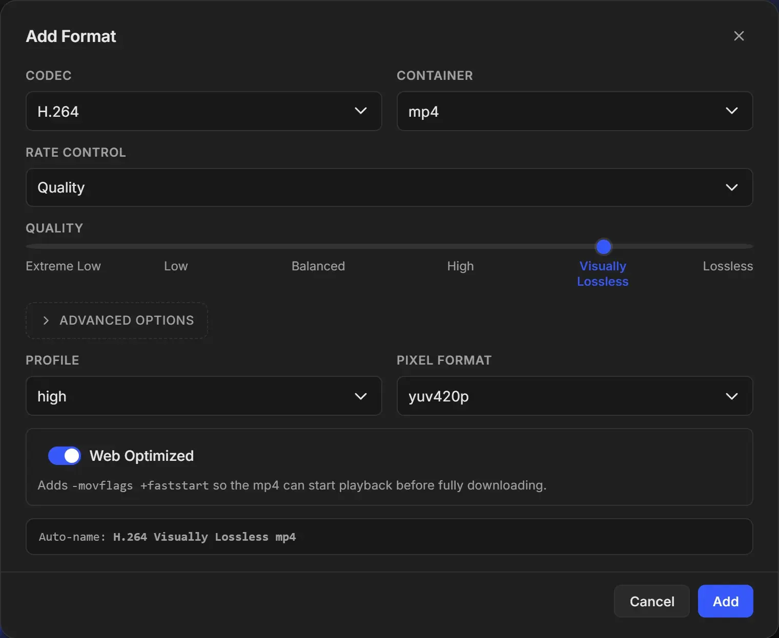 Add Format dialog with Codec H.264, Container mp4, Rate Control Quality, the Quality slider on Visually Lossless, Profile high, Pixel Format yuv420p, Web Optimized on and Auto-name H.264 Visually Lossless mp4