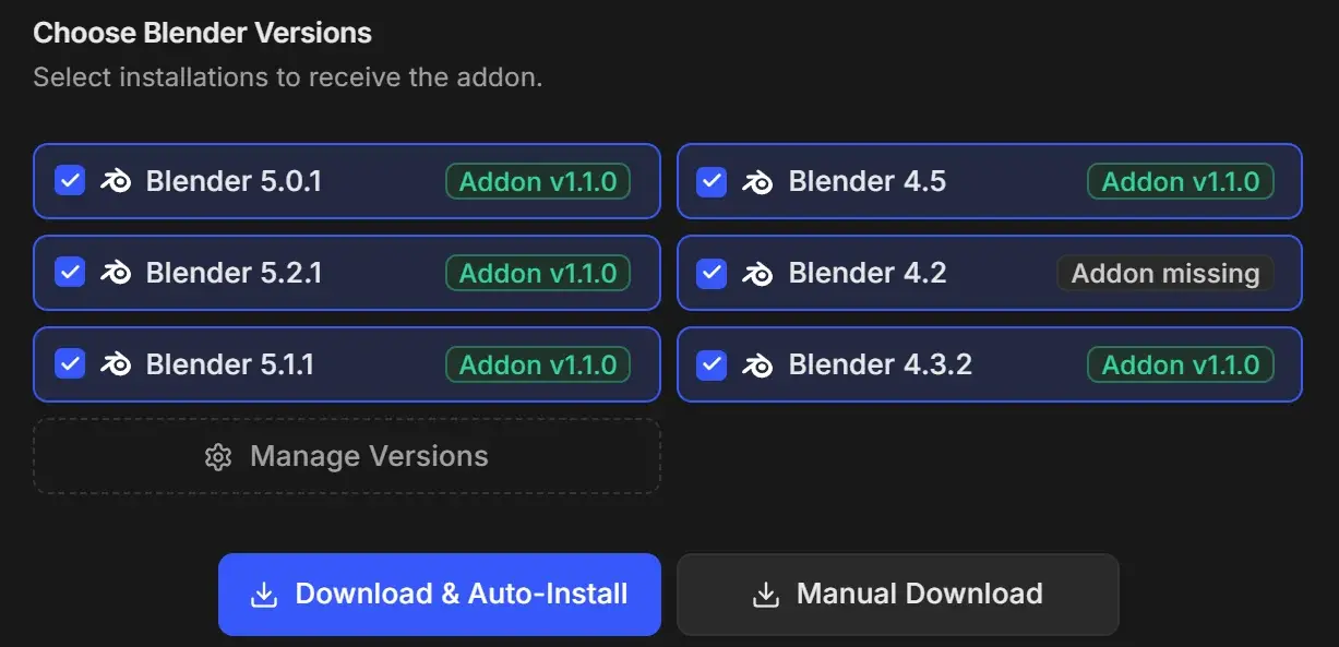 Install Blender Addon page with six selected Blender versions, five showing a green Addon v1.1.0 badge and Blender 4.2 showing Addon missing, above the Download & Auto-Install button