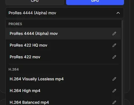 Encoding list open with CPU and GPU choices and ProRes, H.264 and H.265 formats