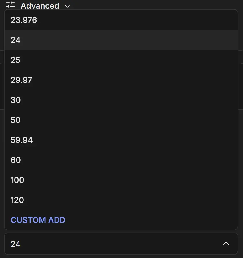 Auto Create Video FPS list open under Custom, showing 23.976 to 120 and CUSTOM ADD at the bottom, with 24 selected