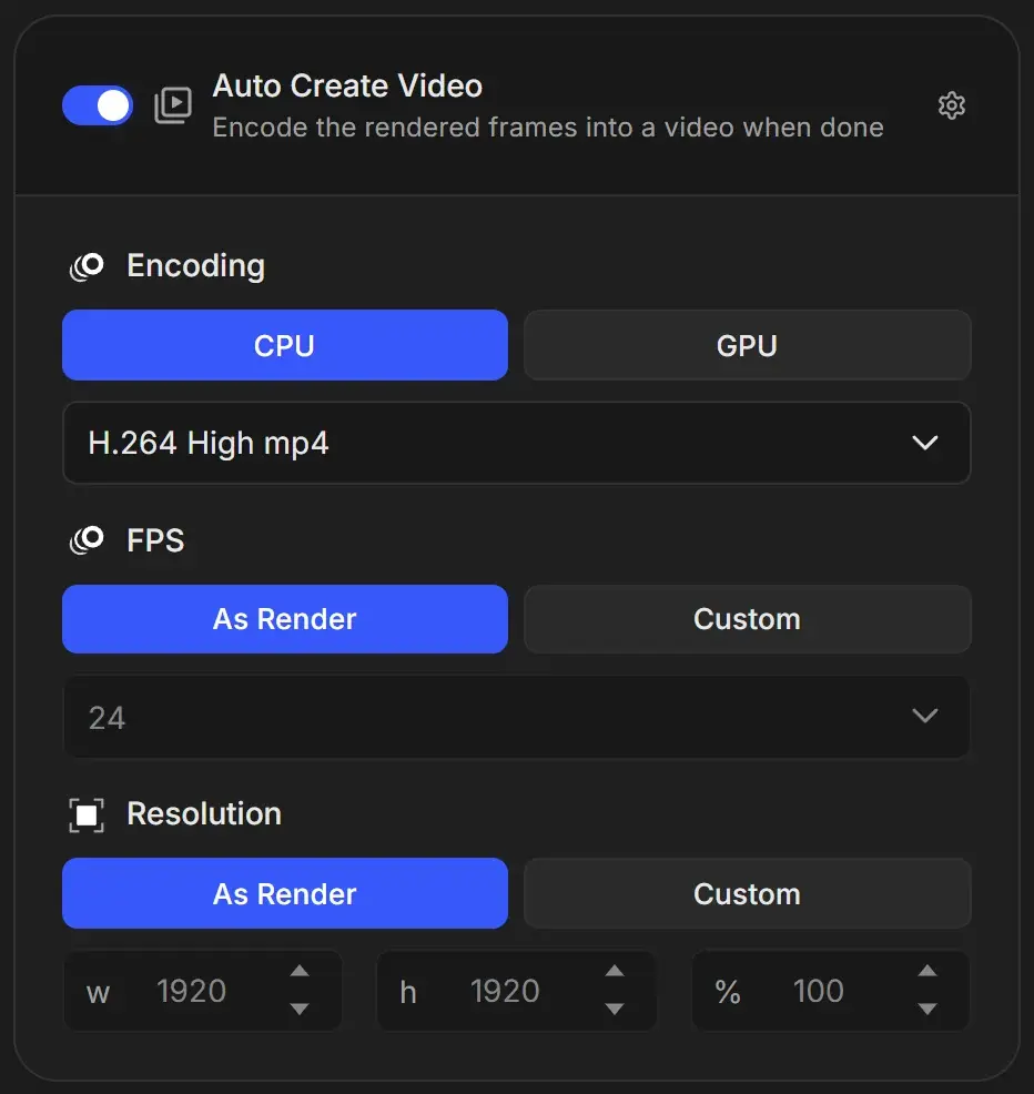 Auto Create Video card switched on with CPU encoding, H.264 High mp4, FPS As Render and Resolution As Render at 1920 by 1920