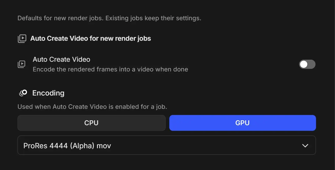 Auto Create Video settings with the Auto Create Video switch off and the Encoding picker set to GPU and ProRes 4444 (Alpha) mov