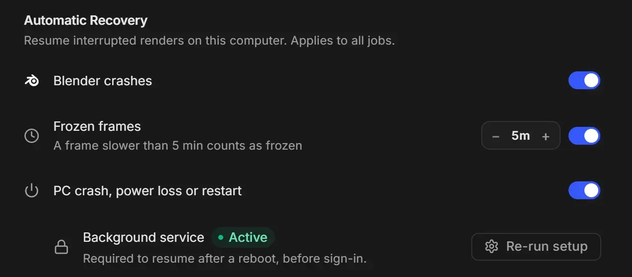 Automatic Recovery group with Blender crashes, Frozen frames and PC crash, power loss or restart switched on