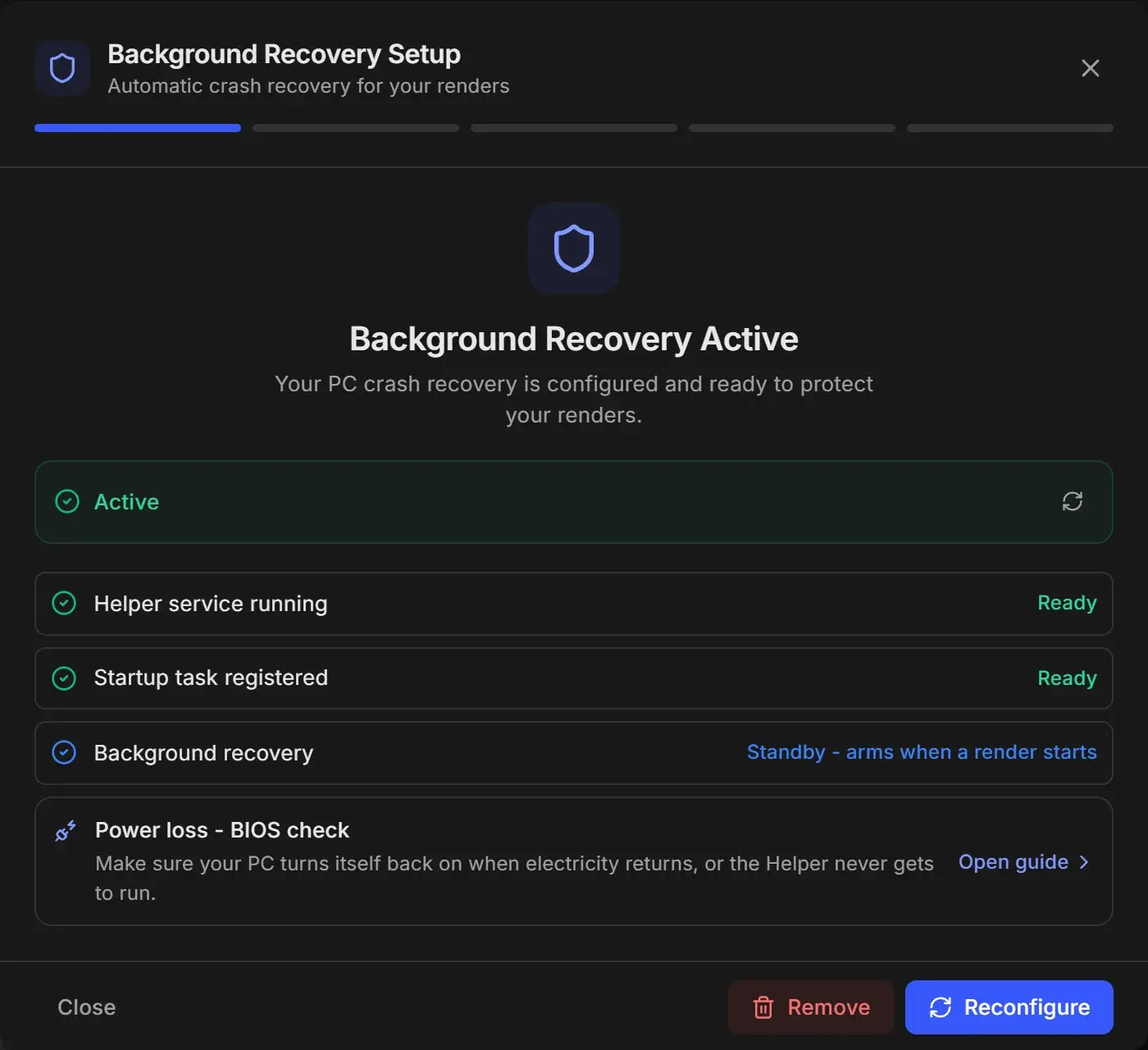 Background Recovery Setup showing Background Recovery Active with Helper service running Ready, Startup task registered Ready, Background recovery on Standby, a Power loss BIOS check with Open guide, and Close, Remove and Reconfigure buttons