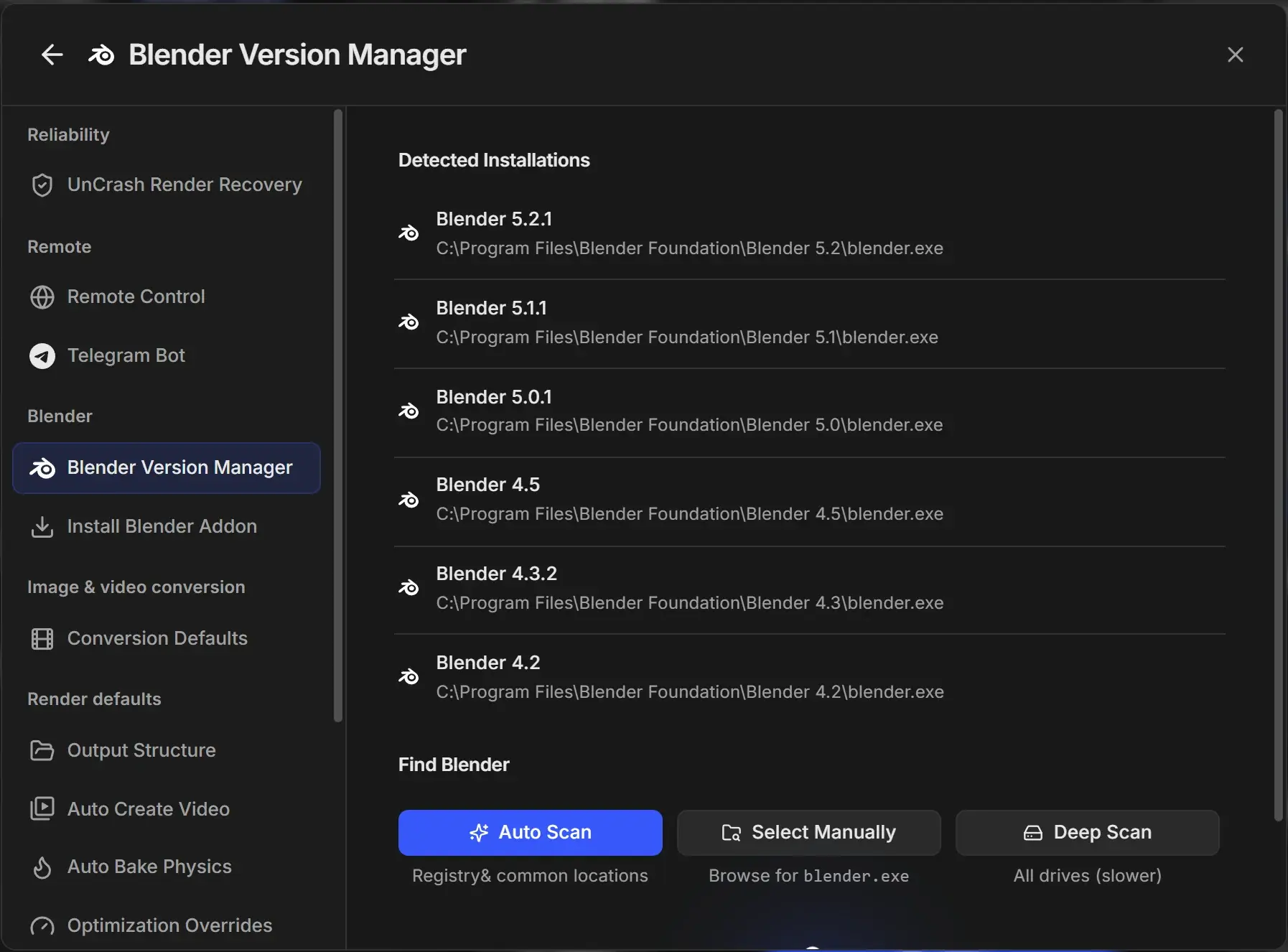 Blender Version Manager in Settings listing Blender 5.2.1, 5.1.1, 5.0.1, 4.5, 4.3.2 and 4.2 under Detected Installations, with the Auto Scan, Select Manually and Deep Scan buttons below