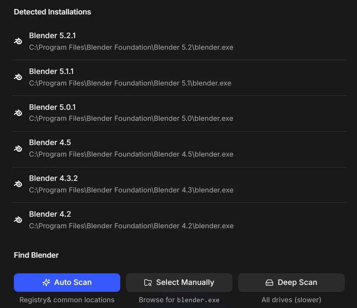Blender Version Manager listing six detected Blender installations with their paths, and the Auto Scan, Select Manually and Deep Scan buttons