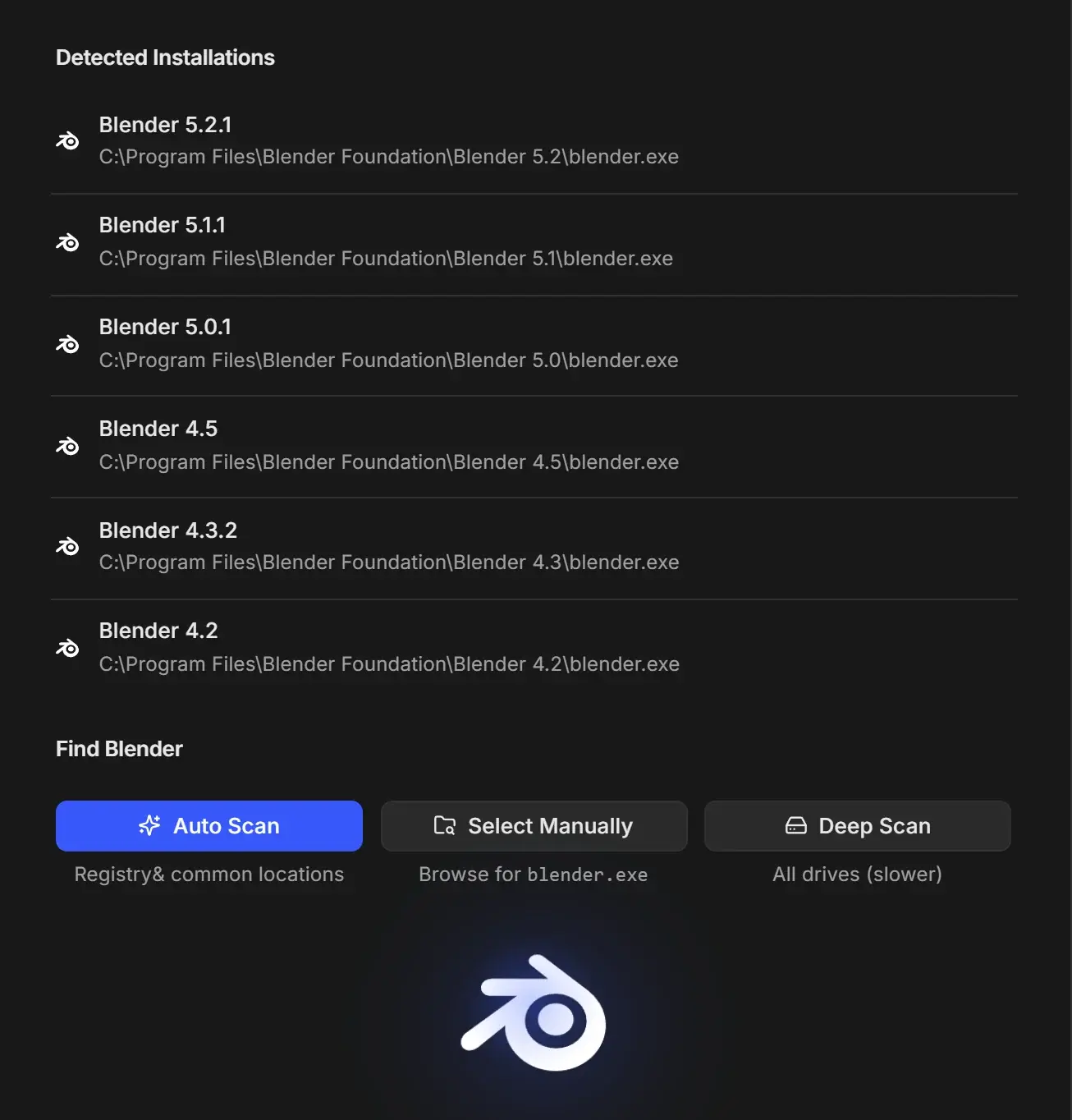 Blender Version Manager listing six Blender installations from 5.2.1 down to 4.2 with their blender.exe paths, and the Find Blender buttons Auto Scan, Select Manually and Deep Scan