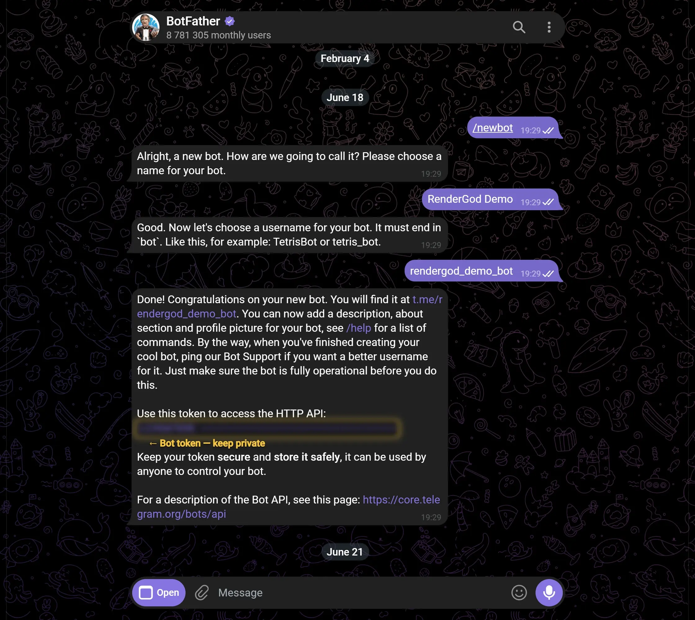 Telegram BotFather chat creating a RenderGod demo bot, with the example bot token blurred for safety