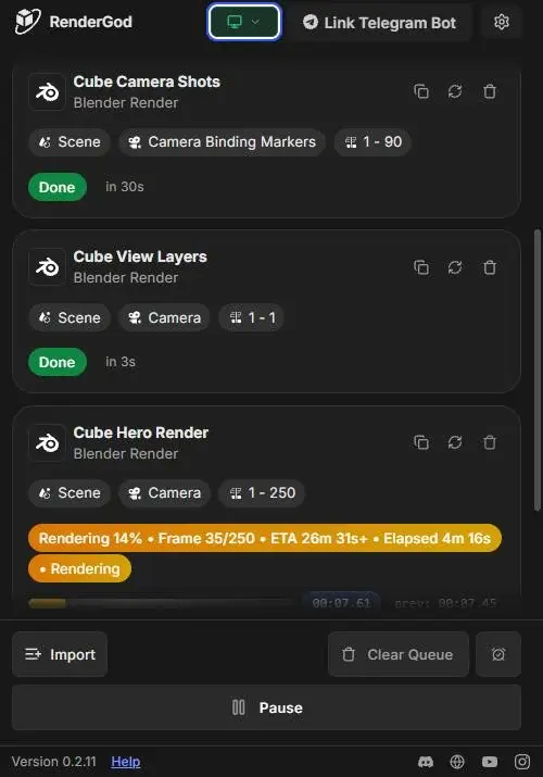 Phone-width browser connected to the rendering computer, with Done jobs, Cube Hero Render rendering at frame 35 of 250, and the Import, Clear Queue and Pause buttons