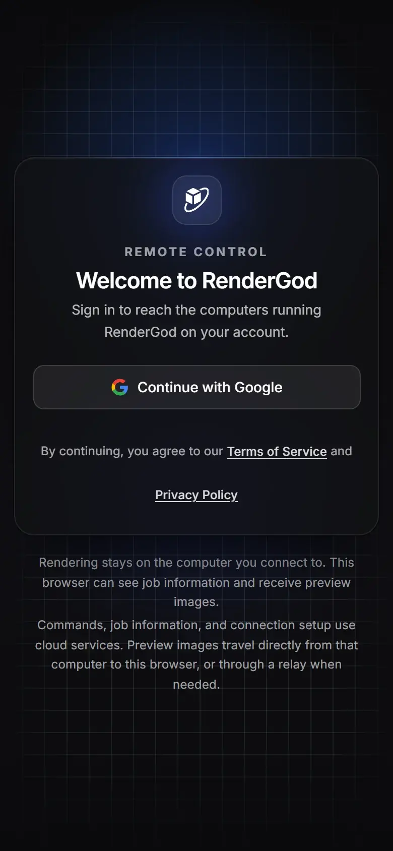 Phone browser showing the RenderGod remote control sign-in page with the Continue with Google button