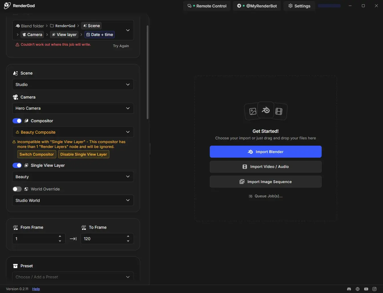 Compositor and Single View Layer enabled together, showing the incompatible compositor warning and the Switch Compositor and Disable Single View Layer buttons