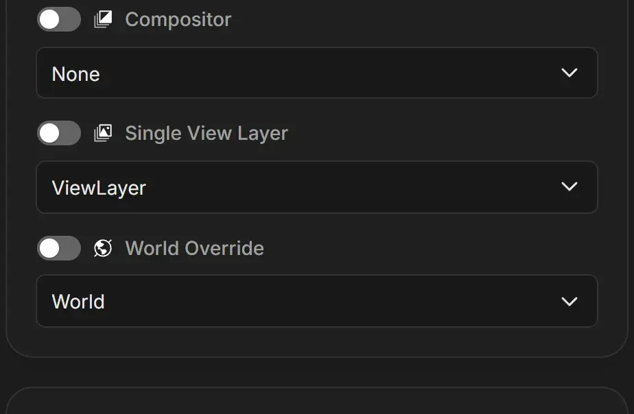 Scene card with the Compositor, Single View Layer and World Override switches turned off and their dropdowns showing None, ViewLayer and World