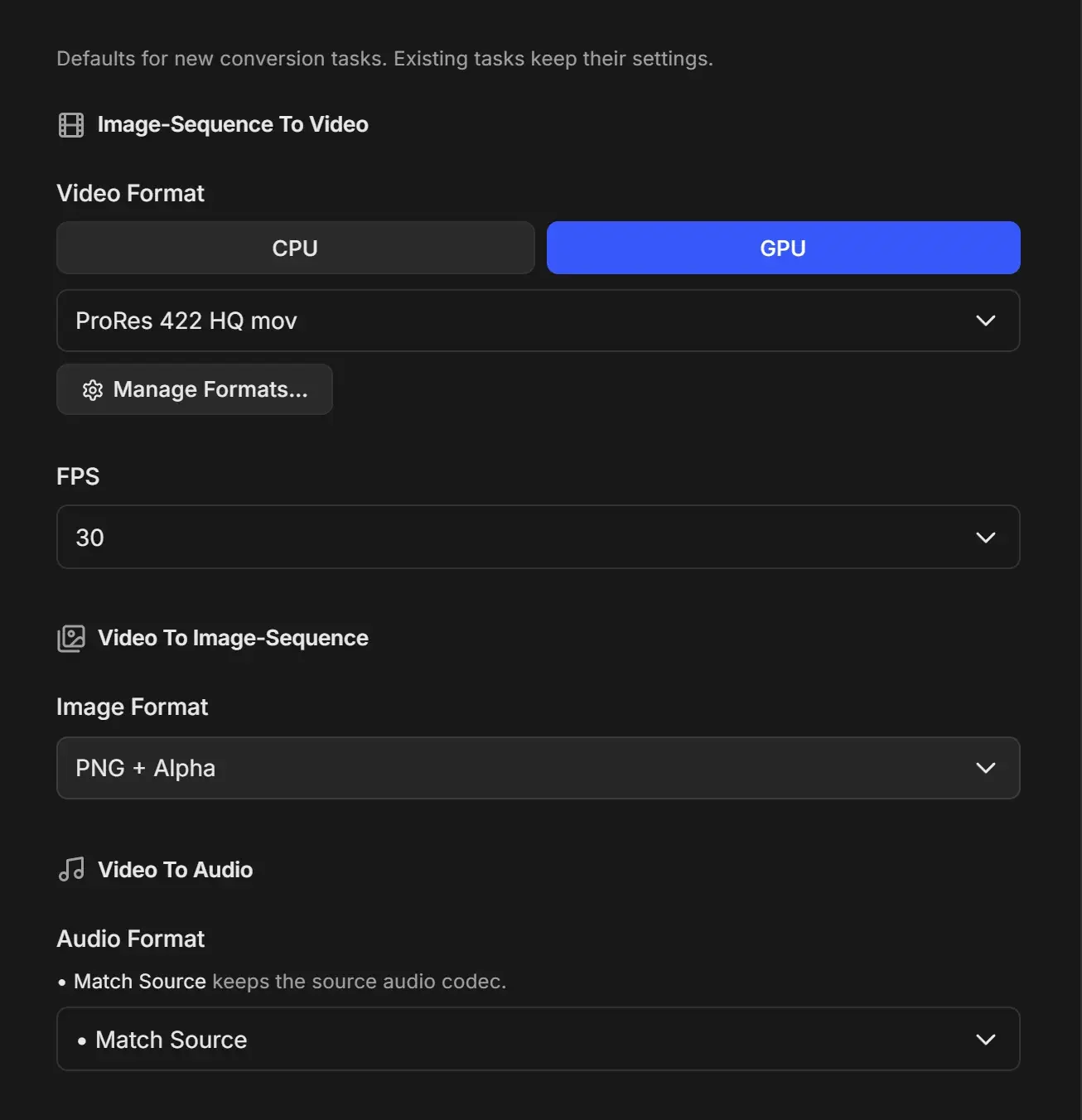 Conversion Defaults settings with GPU selected and ProRes 422 HQ mov as the video format, FPS 30, PNG + Alpha as the image format and Match Source as the audio format