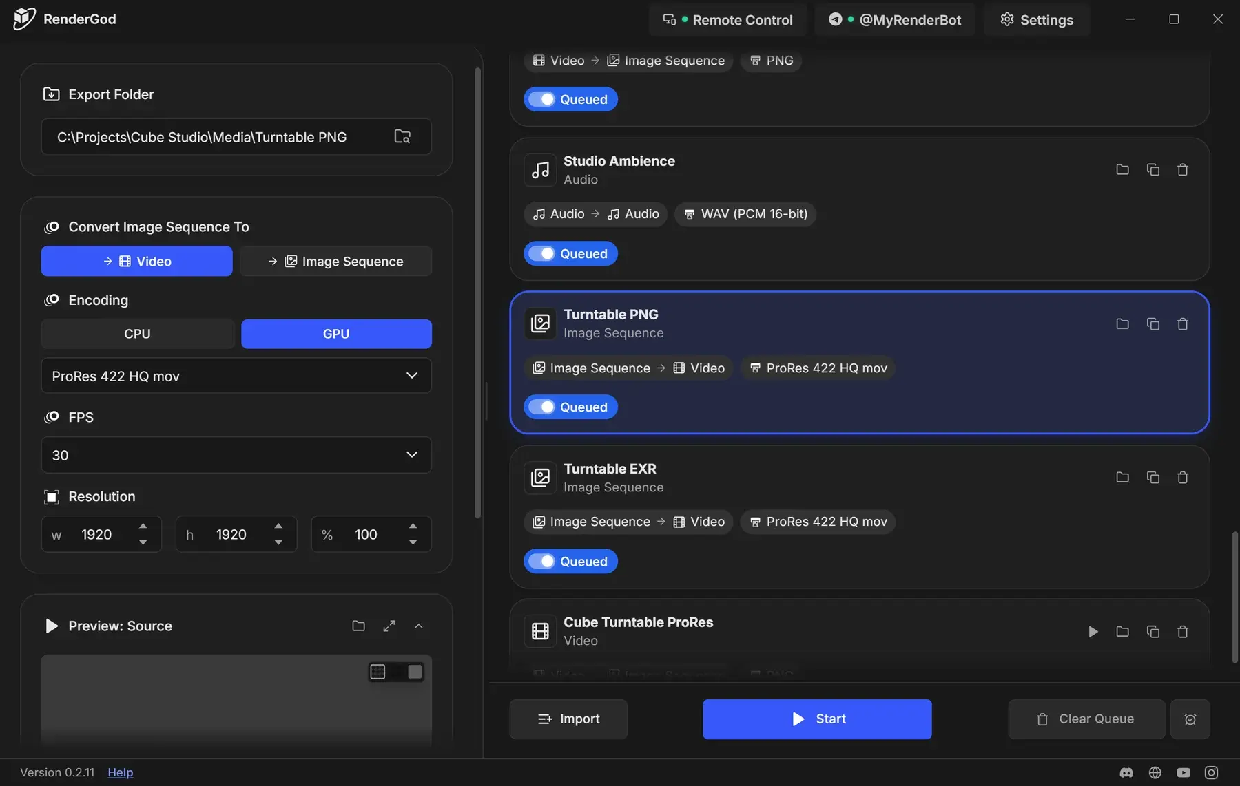 RenderGod window with an image sequence conversion job selected in the queue and its Export Folder, Convert Image Sequence To, Encoding, FPS and Resolution settings on the left