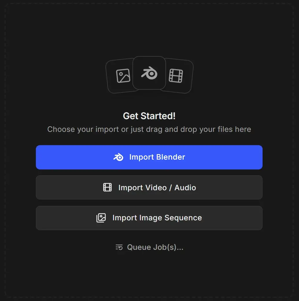 Empty RenderGod queue with Get Started, the blue Import Blender button, Import Video / Audio, Import Image Sequence and Queue Job(s)