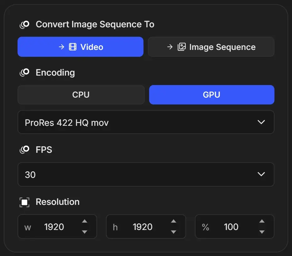 Conversion settings for an image sequence job with the Encoding switch set to GPU next to CPU, the ProRes 422 HQ mov format, FPS and resolution