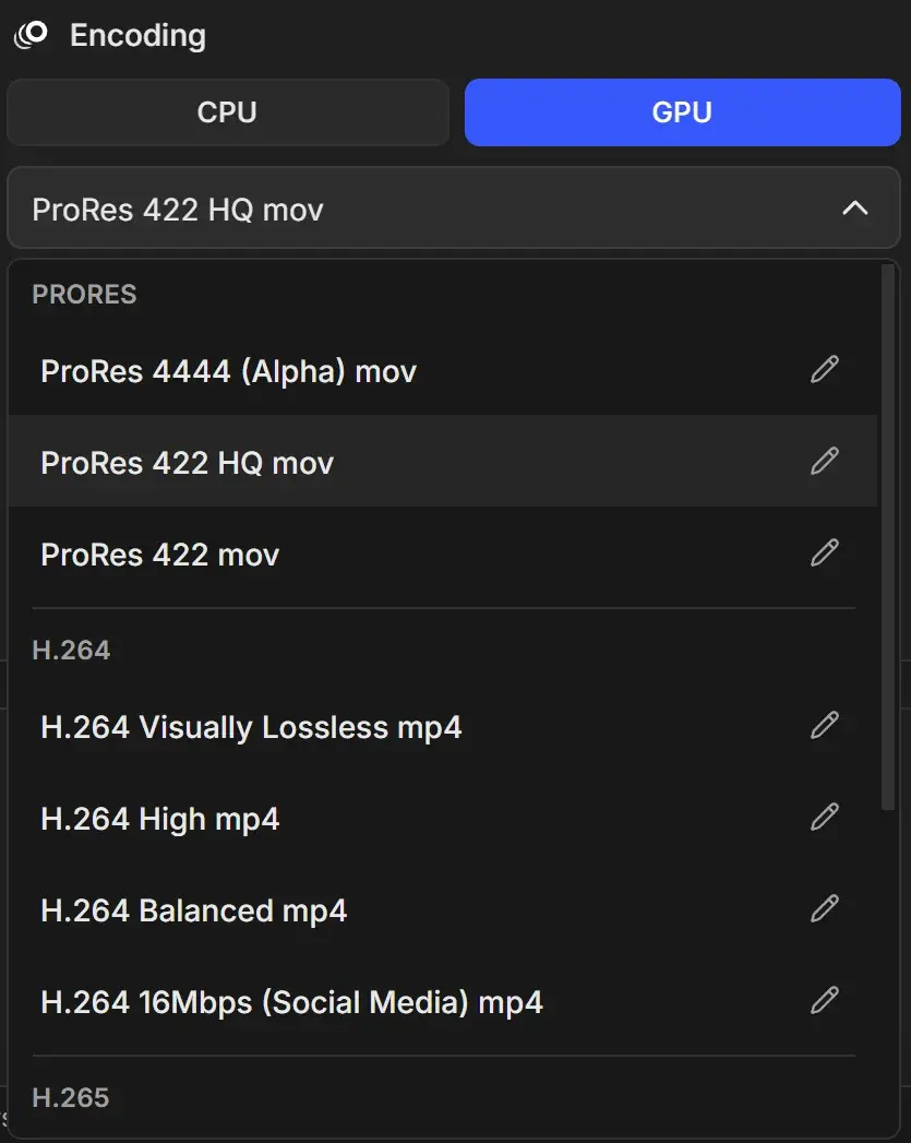 Encoding section with CPU and GPU buttons, GPU selected, above the video format list