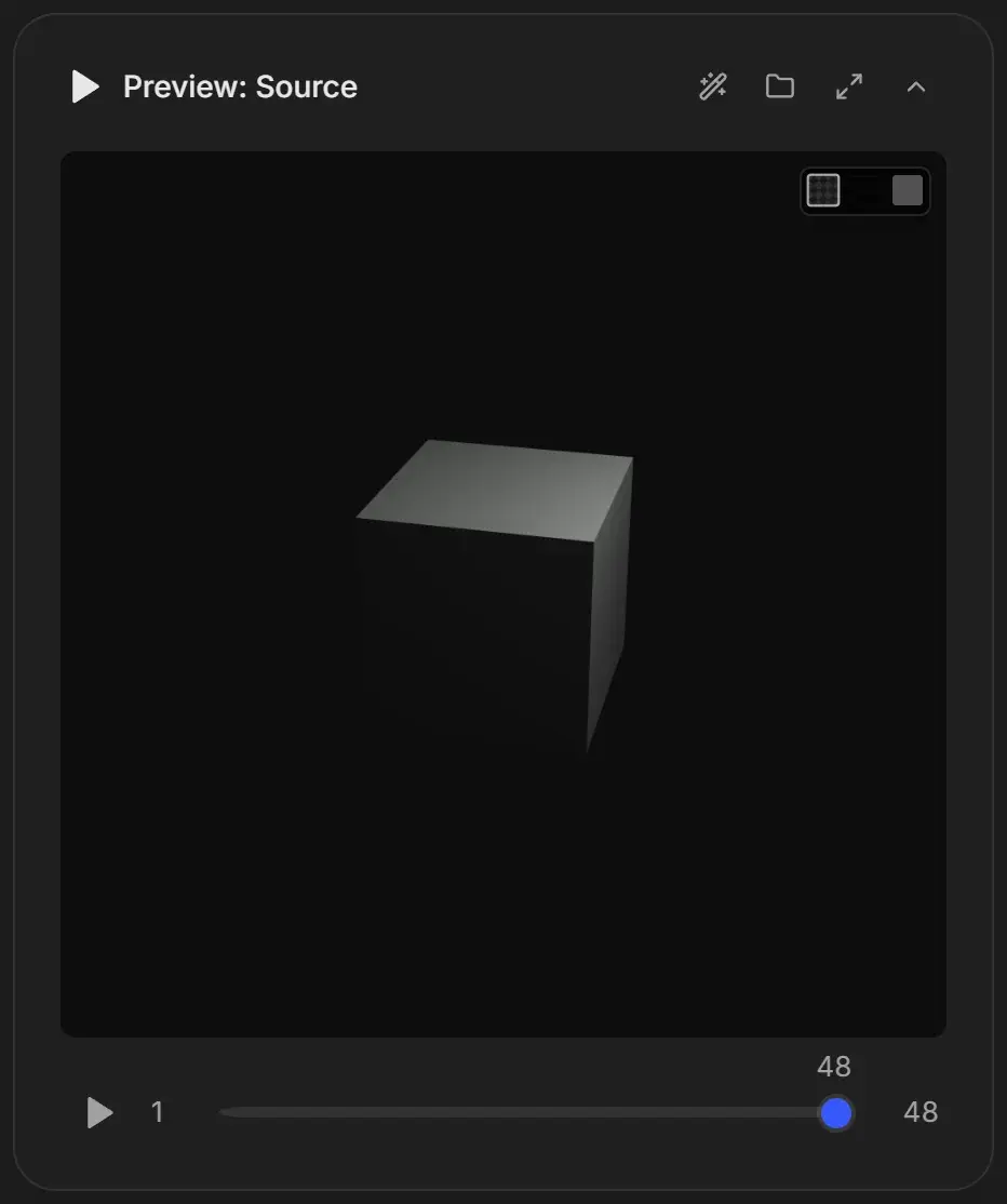 Preview: Source card of an EXR sequence conversion job showing a cube at frame 48 of 48, with a Build proxies button in the card header