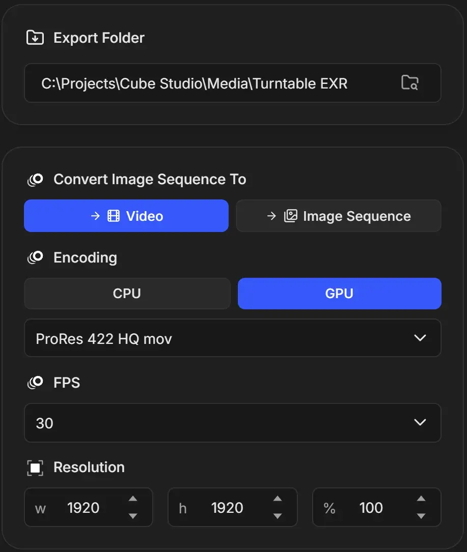 Image Sequence job settings: Export Folder C:\Projects\Cube Studio\Media\Turntable EXR, Convert Image Sequence To Video, Encoding GPU with ProRes 422 HQ mov, FPS 30 and Resolution 1920 by 1920 at 100%