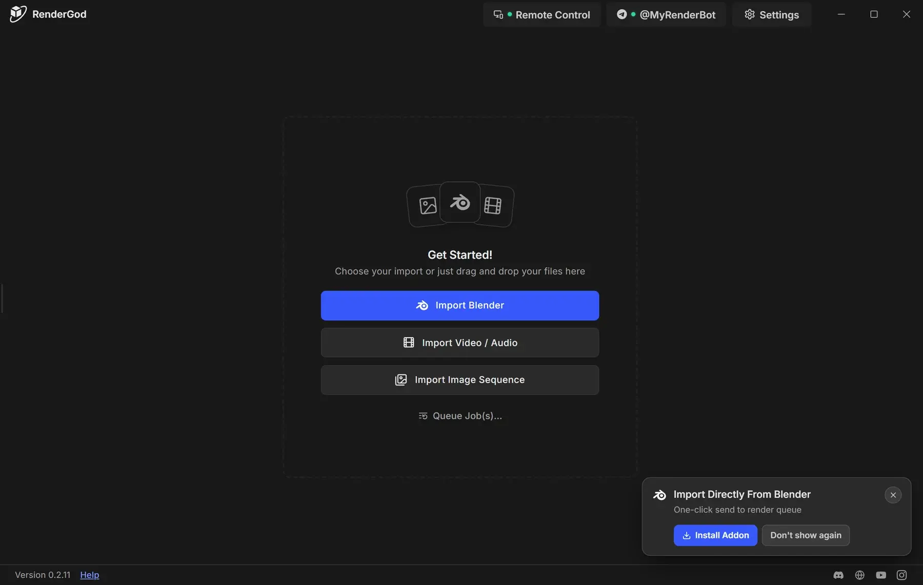 First launch of RenderGod with an empty queue showing Get Started, Import Blender, Import Video / Audio, Import Image Sequence and Queue Job(s), and the Import Directly From Blender popup with Install Addon and Don't show again in the corner