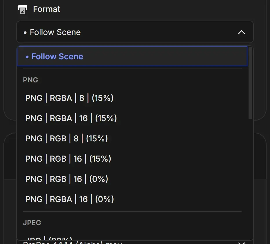 Format dropdown open showing Follow Scene and the PNG group with RGBA and RGB options in 8 and 16 bit at 15% and 0% compression