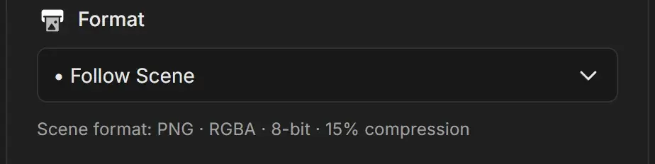 Format dropdown set to Follow Scene, with the line Scene format: PNG, RGBA, 8-bit, 15% compression underneath