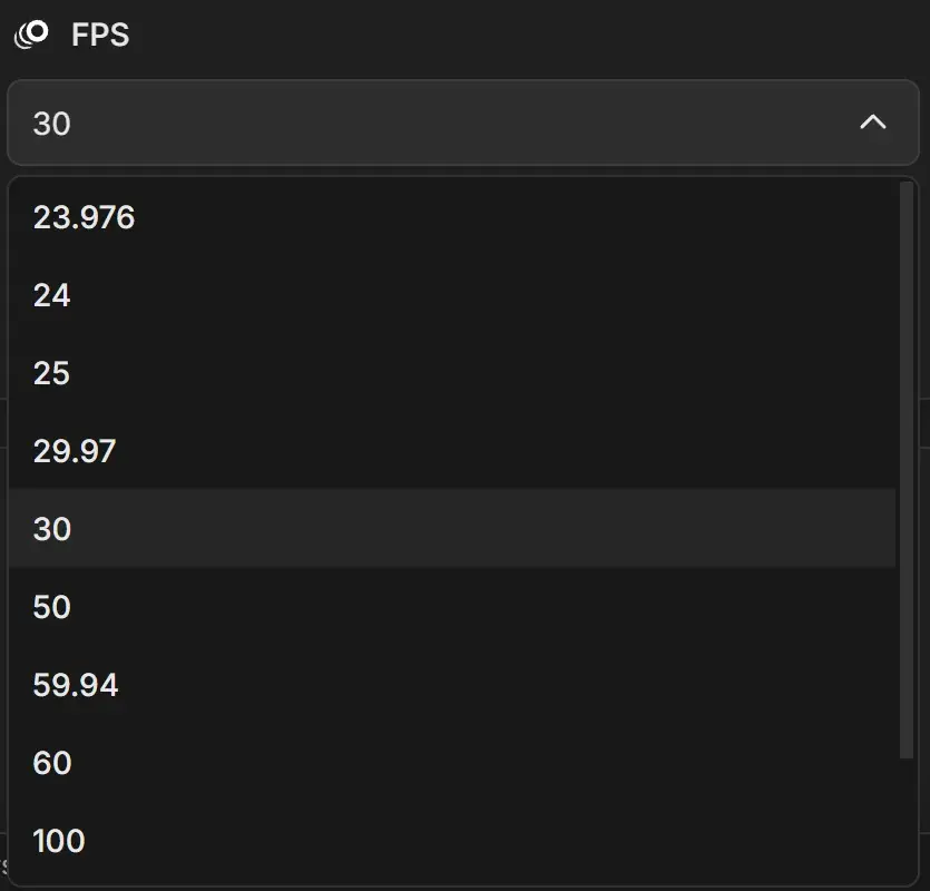 FPS list open with 23.976, 24, 25, 29.97, 30, 50, 59.94, 60 and 100