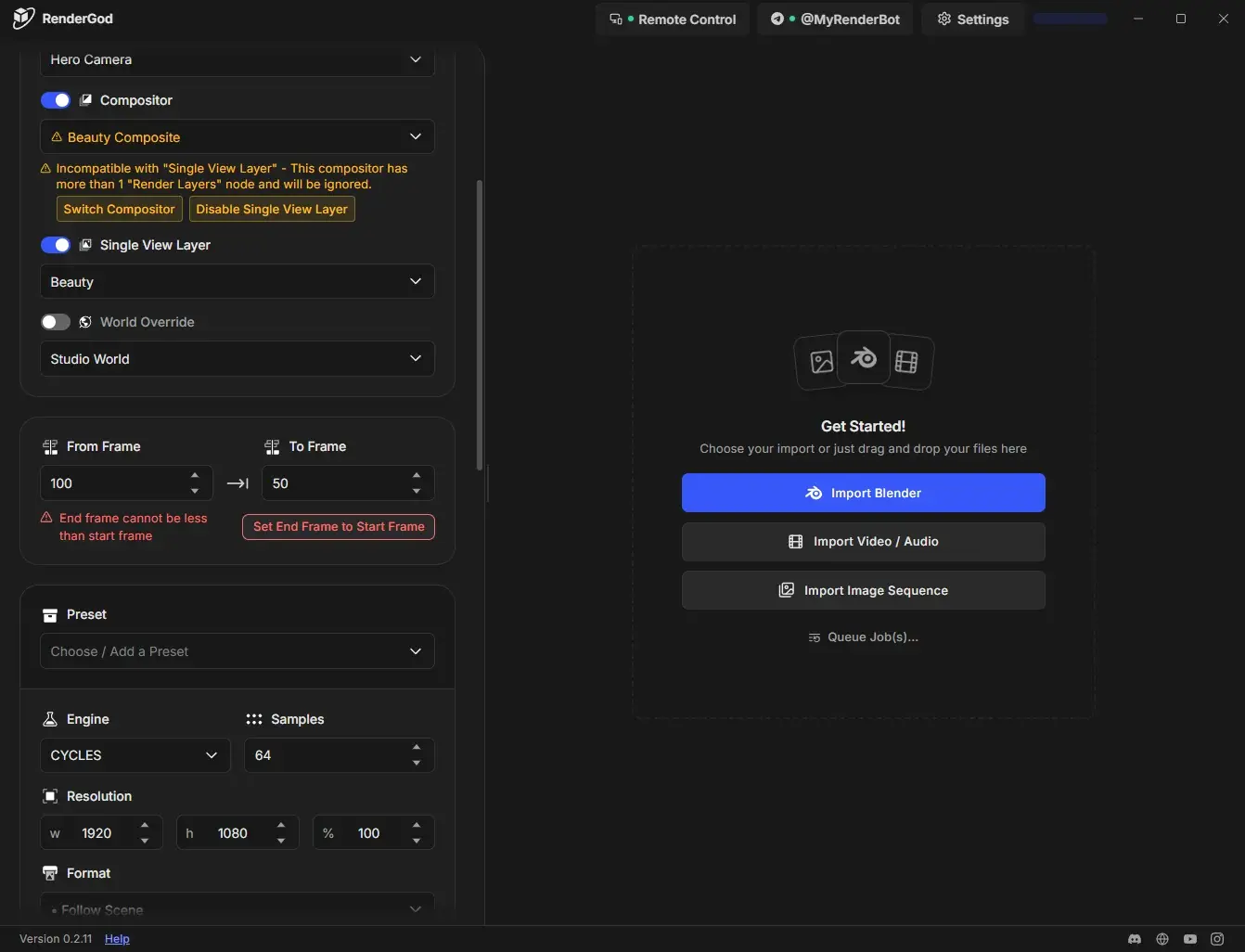 Frame range card with To Frame set lower than From Frame, showing the message End frame cannot be less than start frame and the Set End Frame to Start Frame button