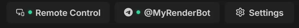 RenderGod header with the Remote Control button, the Telegram button showing a green dot and @MyRenderBot, and the Settings button